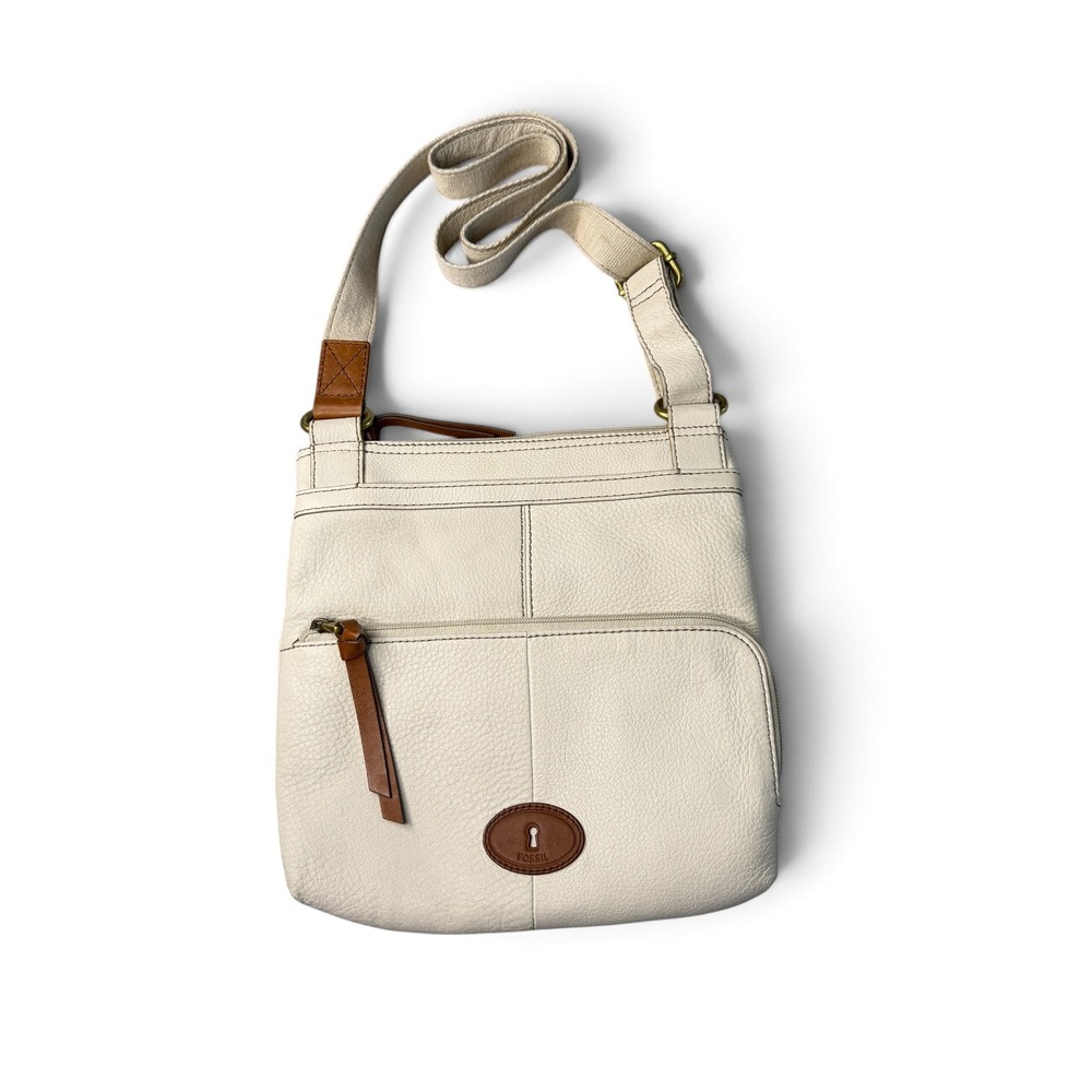 Fossil Cream Pebbled Leather Crossbody Bag Organizer Purse Off White